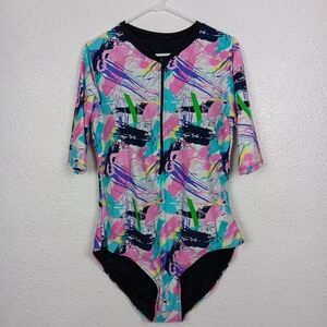 Women's Rashguard Swimsuit Size 2XL Pink Aqua Neon Flamingos Swimwear 1/2 Zip